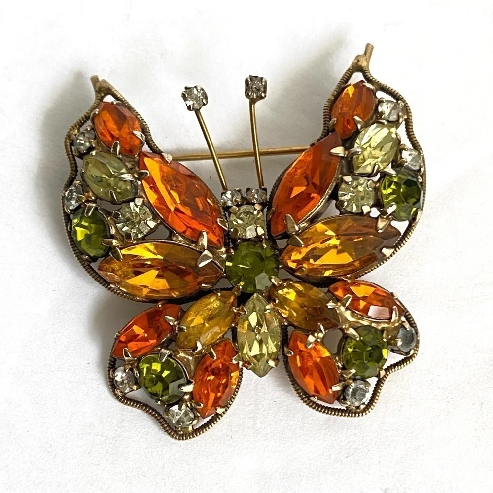 Vintage La Roco Butterfly Brooch Orange Green Rhinestone Pin Retro Estate Piece‎